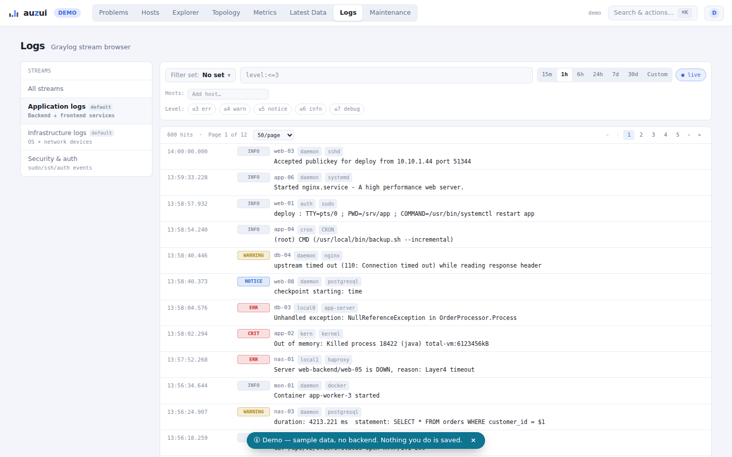Graylog-backed log panel