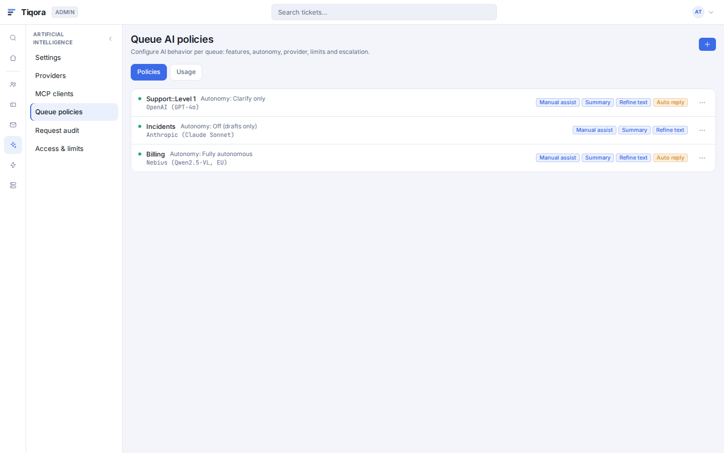 Per-queue AI policies with autonomy levels