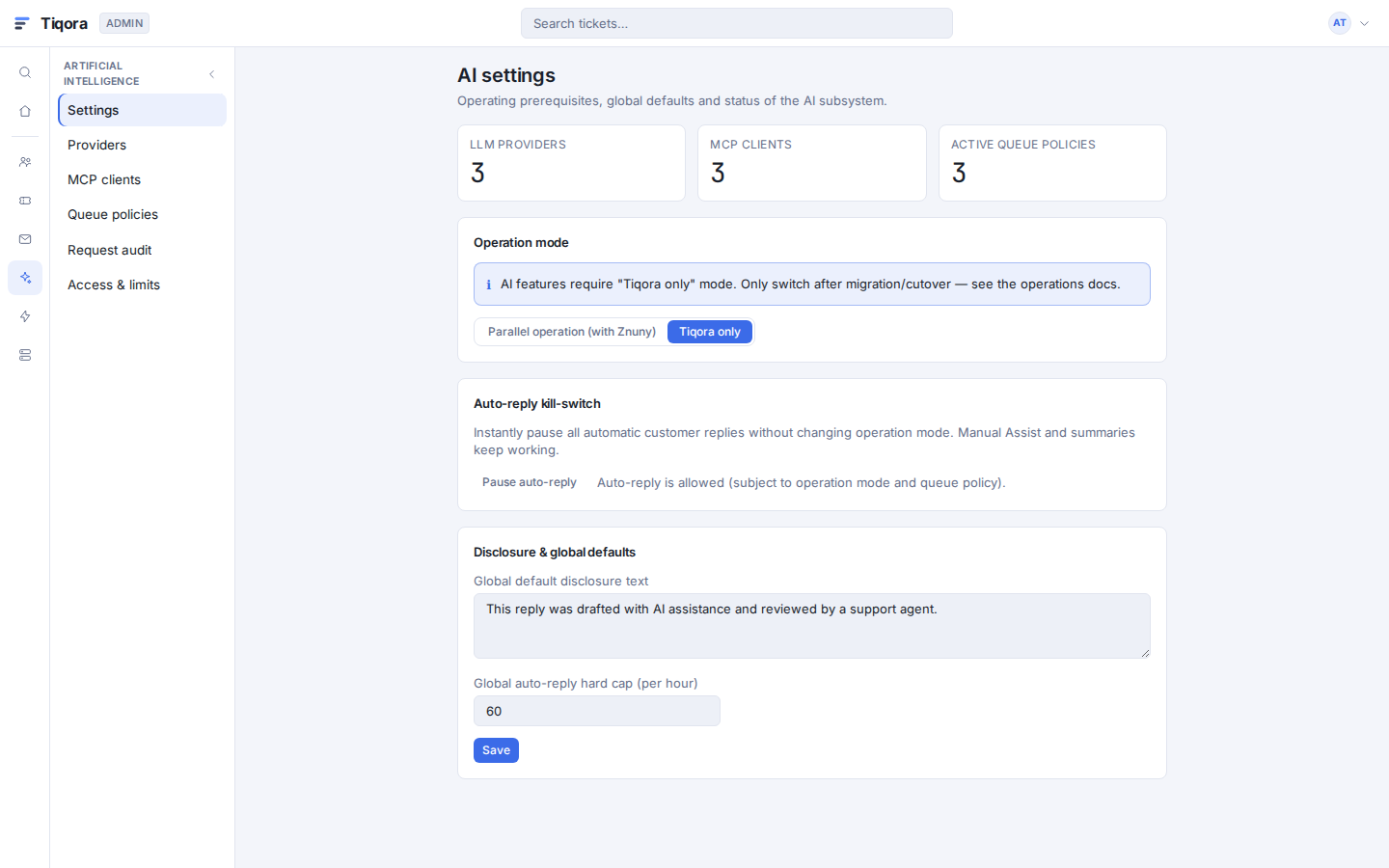AI subsystem settings with operation mode and auto-reply kill-switch
