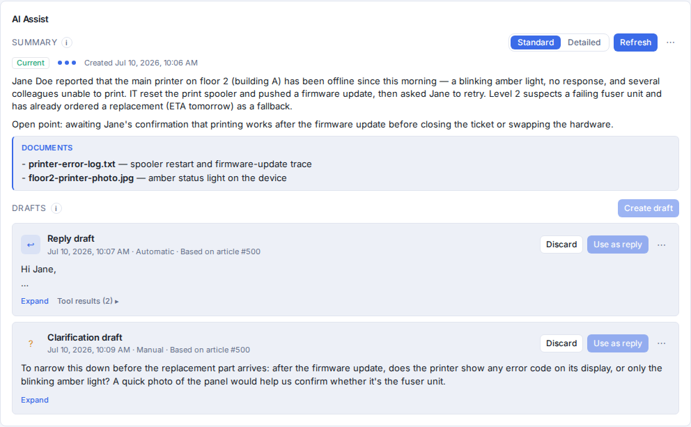 AI assist panel with ticket summary and reply drafts